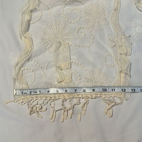Pier1 cream colored lacy embellished oblong scarf 71” long including fringe EUC - Picture 9 of 13